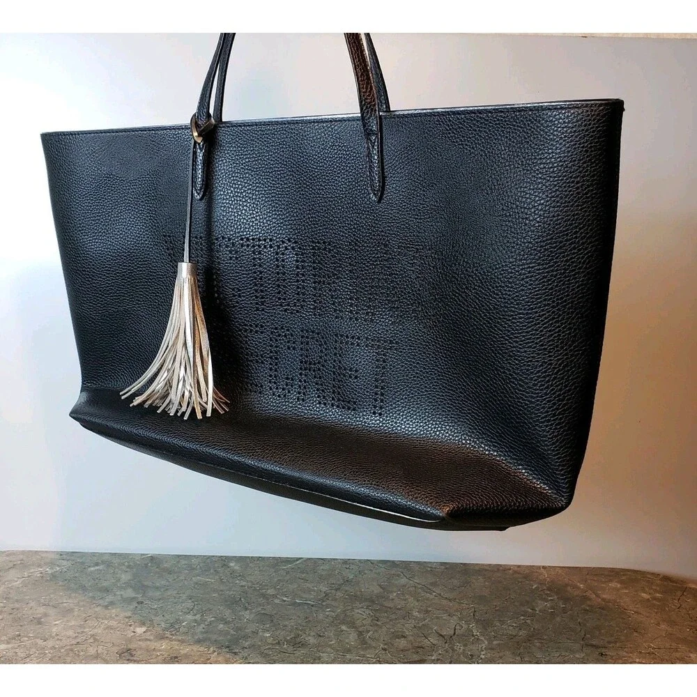 Victoria’s Secret Black Faux Leather Tote Bag Logo Double Handle Silver Tassel !